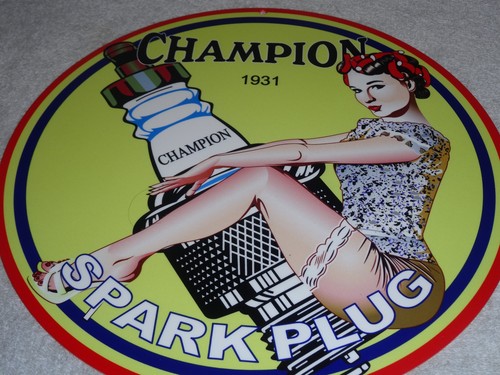 VINTAGE CHAMPION SPARK PLUGS WOMAN RIDES PLUG! 12" METAL CAR GASOLINE & OIL SIGN