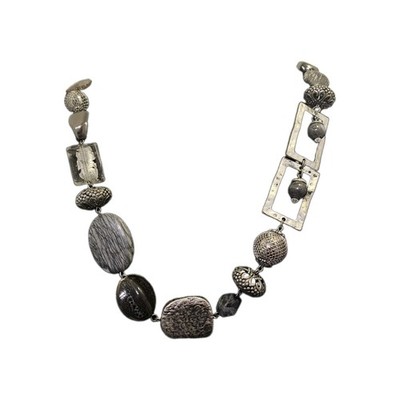 Chicos Chunky Beaded Statement Necklace Silver Gray Black Geometric Runway NWT