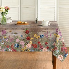 Spring Tablecloth 52 70 Inch Rectangular, Flowers Brown Wood Grain Washable