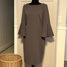 Calvin Klein Dress Women Sz 10 Tan 3/4 Ruffle Sleeve Knee/Midi Boat Neck Shift