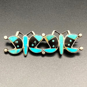 Petite Vintage Zuni Native Butterfly Turquoise Jet Inlay Silver Pin Brooch