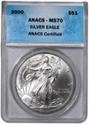 2000 $1 1 oz American Silver Eagle ANACS MS70 Top Pop Quality - Blue Label
