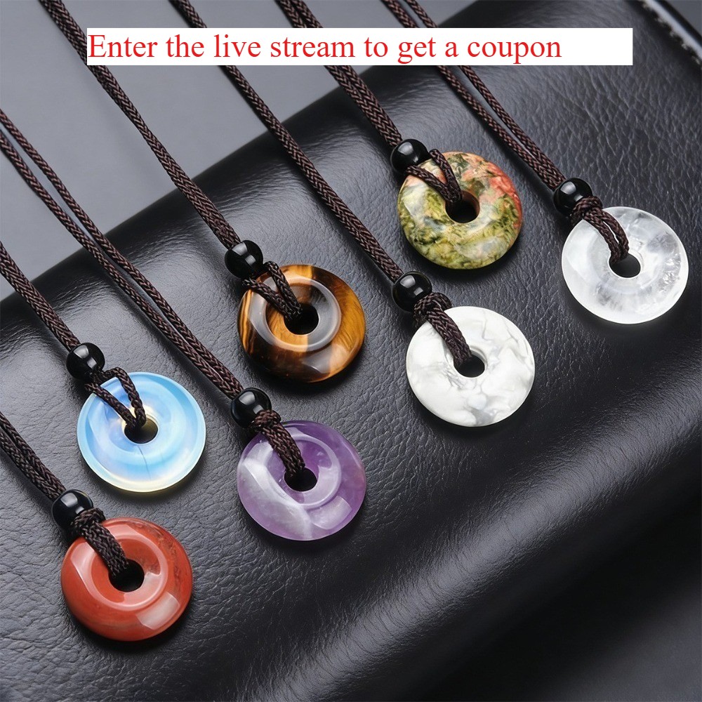 Crystal Agate Donut Pendant – Energy Healing Stone Ping An Kou Cord Necklace