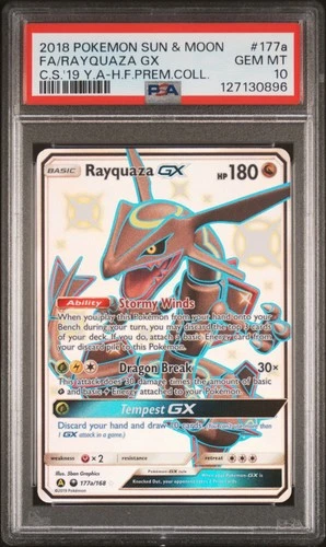 2018 POKEMON SUN & MOON CELESTIAL STORM #177A FULL ART/RAYQUAZA GX PSA 10