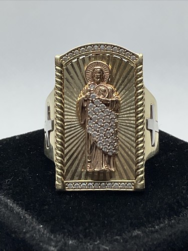 Solid 14K Tricolor Gold White CZ SAINT JUDE & CROSS MEN’S Religious SIGNET Ring - Picture 3 of 24