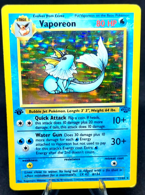 first edition vaporeon pokemon card Pokemon Card - 1st Edition Vaporeon - (12/64) Jungle Holo Rare TCG 1999  PLAYED