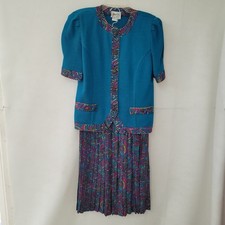 Jeffrey Dara Skirt Suit Women 11/12 Petite Teal Paisley Vintage 2pc Set USA