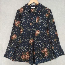 Pleione Anthropologie Top Womens Medium Blue Polka Dot Chiffon V-neck Pullover