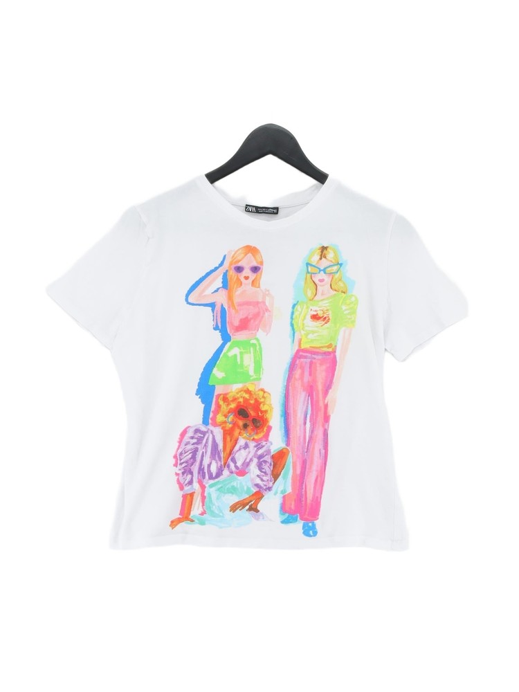 Zara Women's Slim Fit White Graphic Short Sleeve Crew Neck Basic Tee
