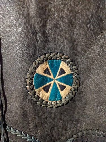 Vintage Native American Tribal Black Large Western Leather Vest Jacket - Picture 11 of 19