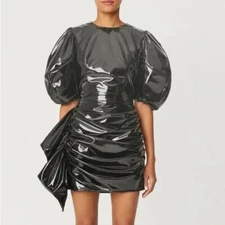 $525 New Rhode Pia Black Patent Faux Leather Mini Puff Sleeve Dress Sz 0