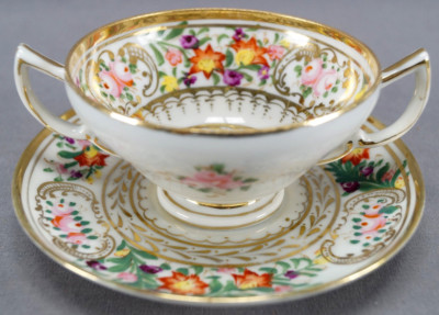 Pair of Nippon Hand Painted Dresden Style Floral & Gold Bouillon Cups & Saucers