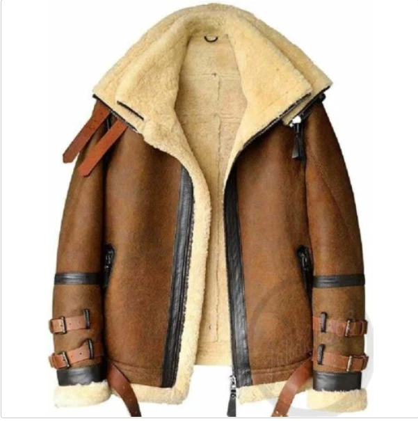 Men's Brown B3 RAF Flight Bomber Aviator Real Sheepskin Shearling Leather Jacket