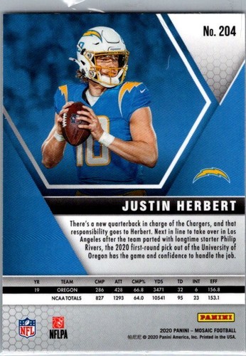 2020 Panini Mosaic #204 Justin Herbert - Picture 2 of 2