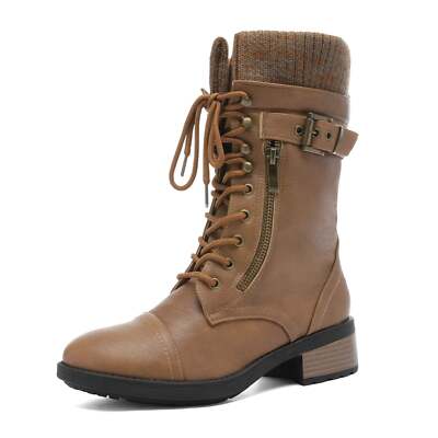 DREAM PAIRS Women's Amazon Camel Mid Calf Combat Riding