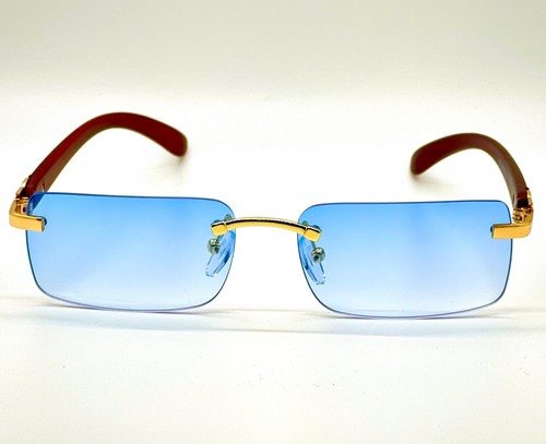 Herren Vintage Gold Gestell Randlos Hip Hop Schwarz Holzmaserung Klare Gläser Brille - Bild 64 von 104