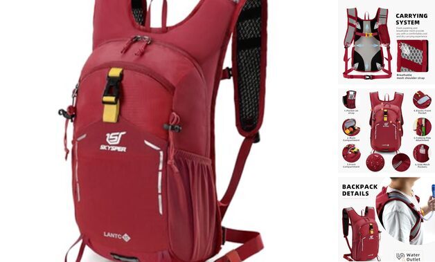 15L Lightweight Hiking Backpack - Water-Resistant Red Daypack for Travel