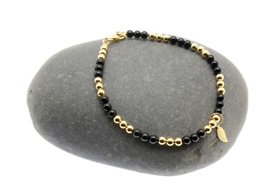 Fußkettchen schwarz Onyx Blatt Charm 14k Gold gefüllt Perlen Verschluss Handarbeit Armband Geschenk