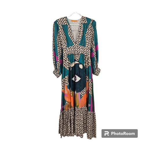 Oliphant Dress Teal Black Star Printed VNeck Long Sleeve Tie Back Maxi Size XS eBay