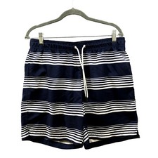 Lands' End Swim Trunks Mens Medium M Navy Blue Striped Drawstring Mesh Lined