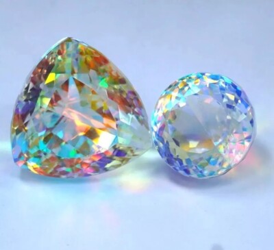 Rainbow Multicolor Mystic Topaz Gemstone 100 Ct+ 2 Pieces Round+Trillion Cut Gem