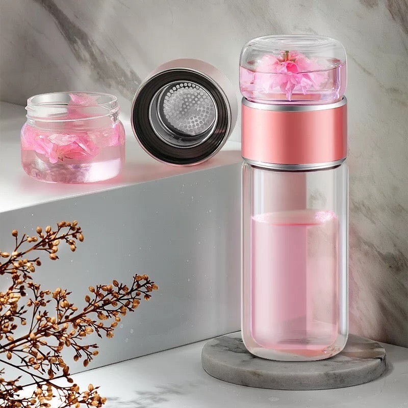 Botella de agua de vidrio portátil reutilizable de borosilicato de doble pared con infusor