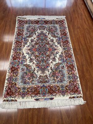 Authentic Hand Made Rug Middle Eastern Silk Rug 3x5 Ft Super Fine Quality Cream