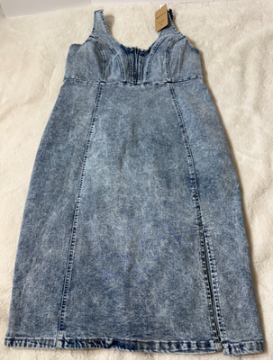 #ad Utcoco Denim Dress XL NWT Acid Wash Zipper Front Slit Midi Jean Bodycon Stretch $31.49