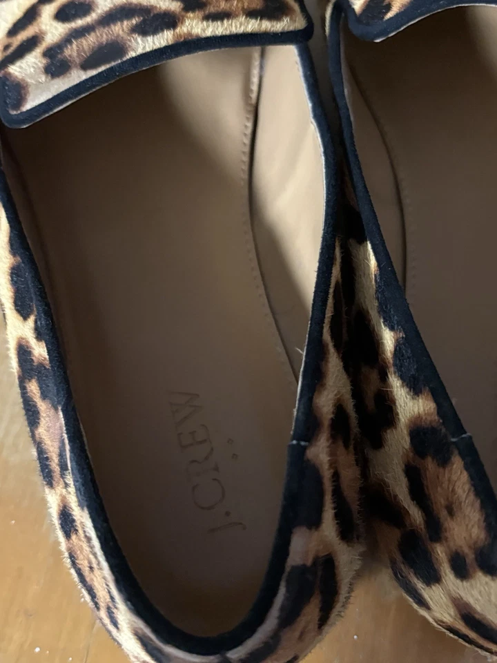 J Crew леопард икры волосы курения тапочки мокасины плоскостях размер 9 отличном состоянии - Изображение 4 из 4