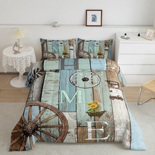 Rustic Farmhouse Cabin Bedding Set Retro Western Wooden Board Wheel Comforter...
