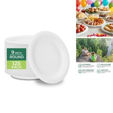 Freshware Paper Plates - Disposable 9" Plate, 125-Pack Biodegradable Sugarcane