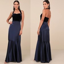 NWOT Lulus Mesmerizing Impression Navy Velvet Satin Halter Maxi Dress Size S