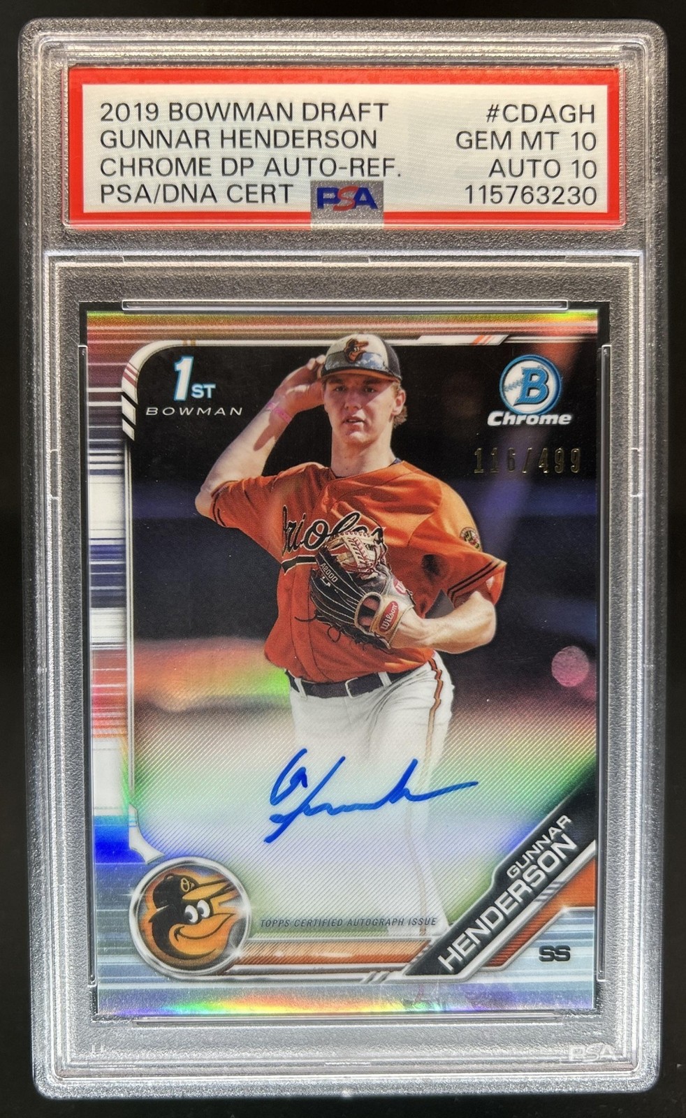 2019 Bowman Draft Gunnar Henderson Chrome Auto Refractor 1st #/499 PSA 10