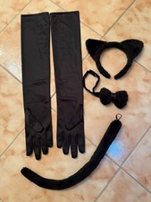 Karneval Kostüm Katze 🐈 Schwarz  4x Teile Ohren+ Fliege+ Schwanz+ Handschuhe 