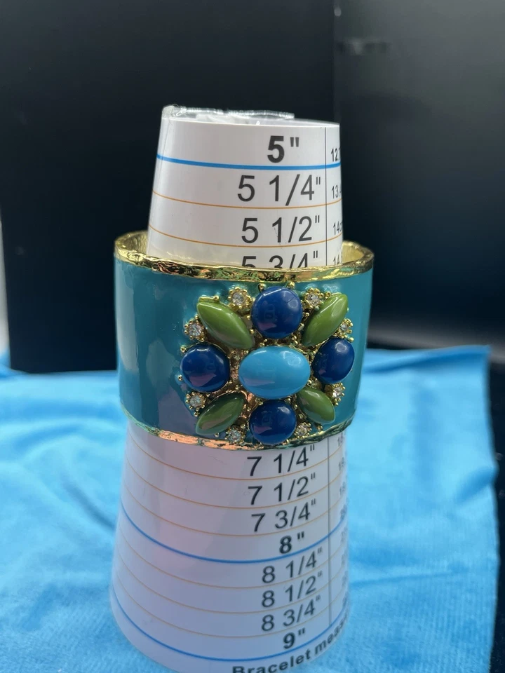 Banana Republic Turquoise Enamel & Gold Tone Cuff Bracelet W/ Cabochons 7” - Image 3 of 4