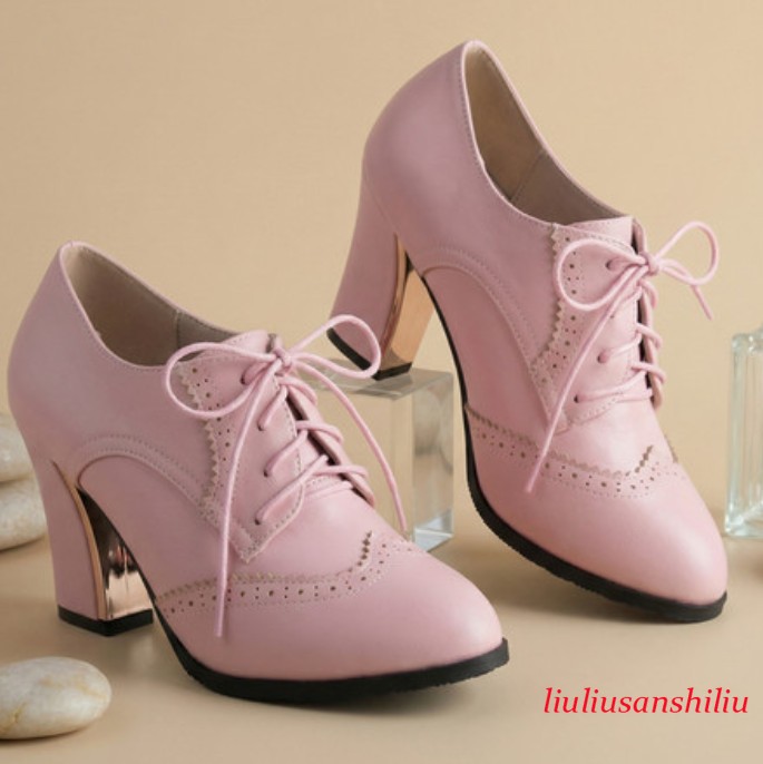 Spring Lace-up Block Heels British Womens Round Toe Carved Casual Shoes New