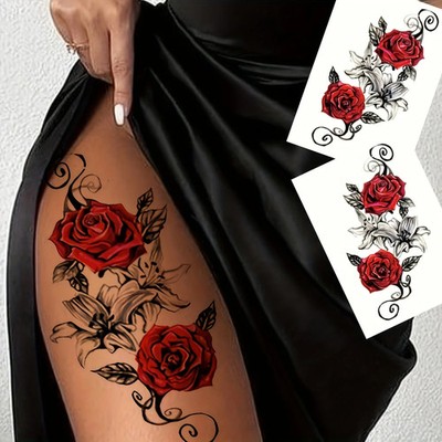 2pcs Red Waterproof Temporary Rose Flower Tattoos for Arm Leg Chest Thigh Women