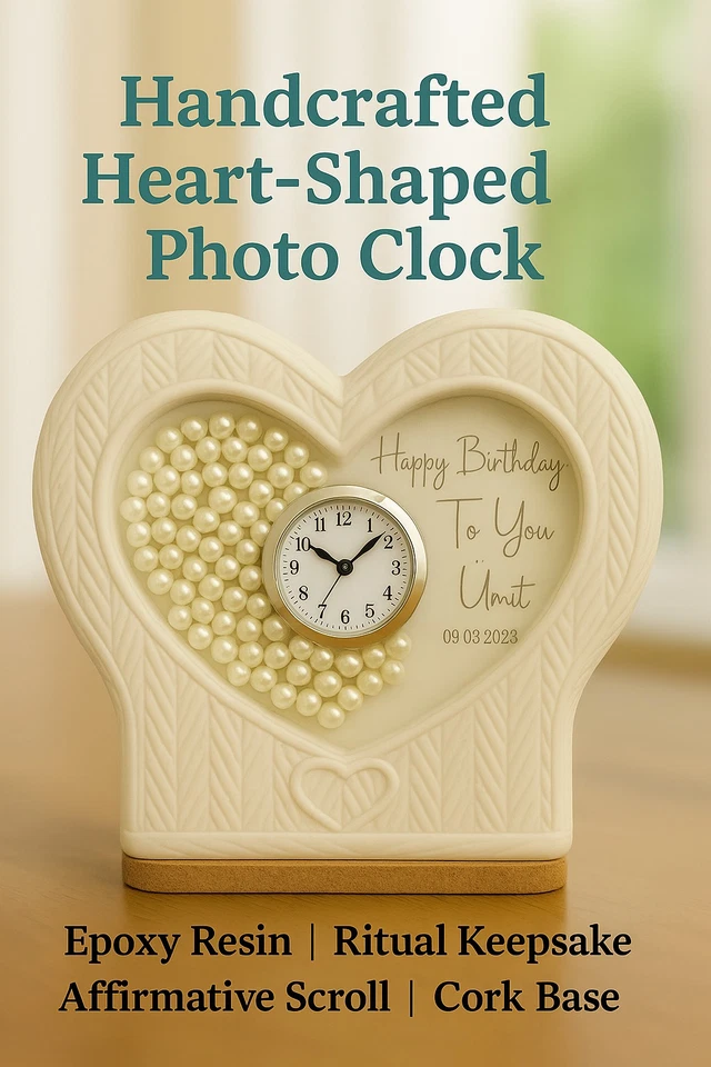 Reloj de Escritorio Artesanal en Forma de Corazón de Hormigón y Epoxi con Decoración de Perlas Foto 4 de 4