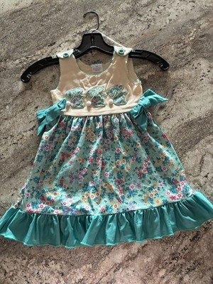 Girls Floral Easter Bunny Applique Ruffle Dress Turquoise Cream