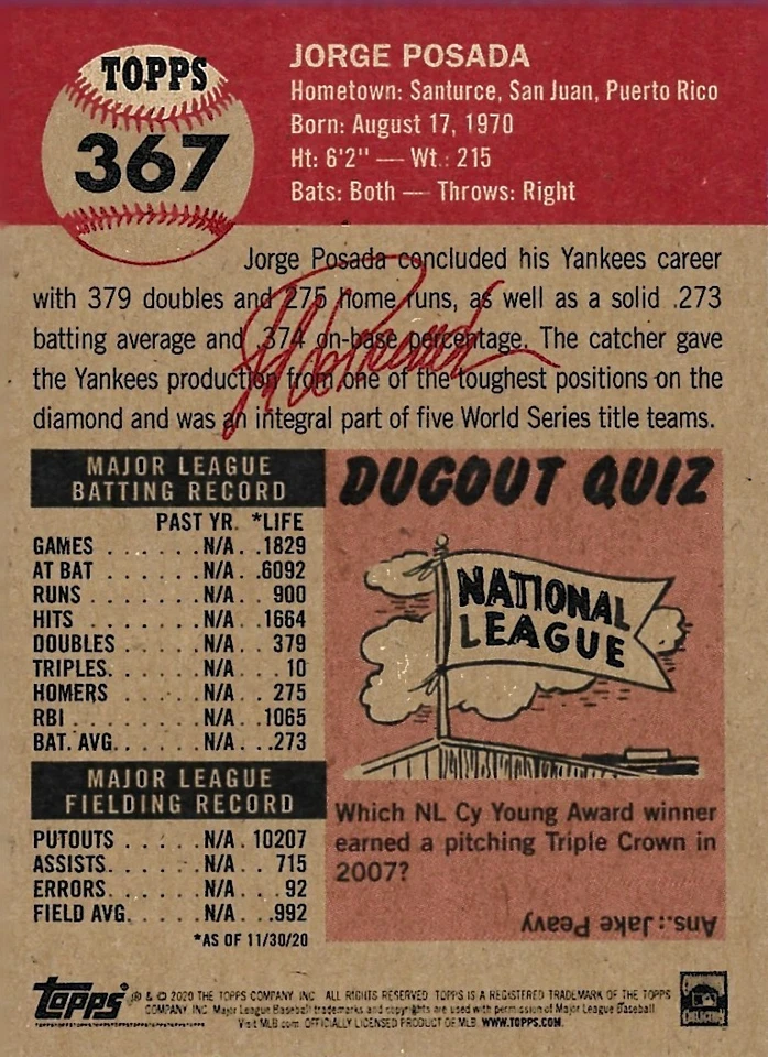 2020 Topps Living Set # 367 JORGE POSADA New York Yankees 2,216 Printed a - Image 4 of 4