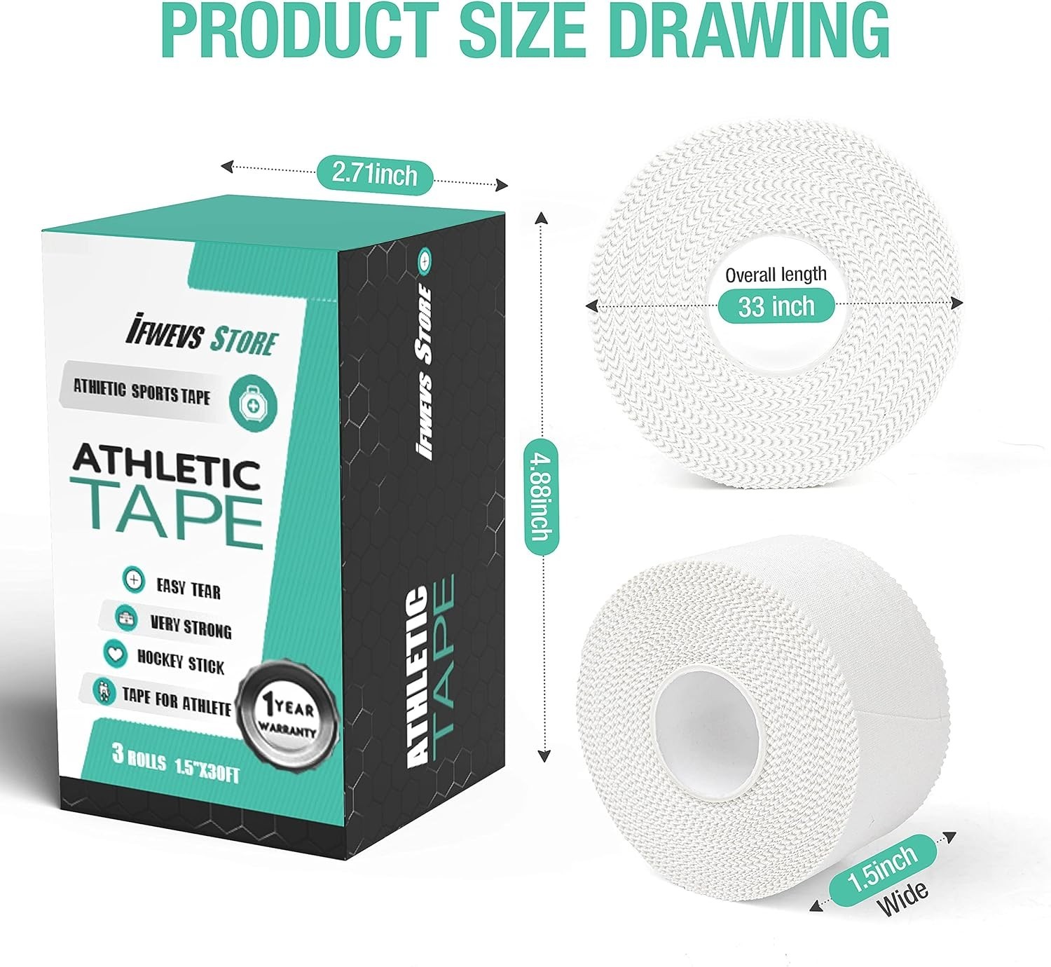 White Athletic Sports Tape - 3 Pack, Strong Adhesive, No Sticky Residue