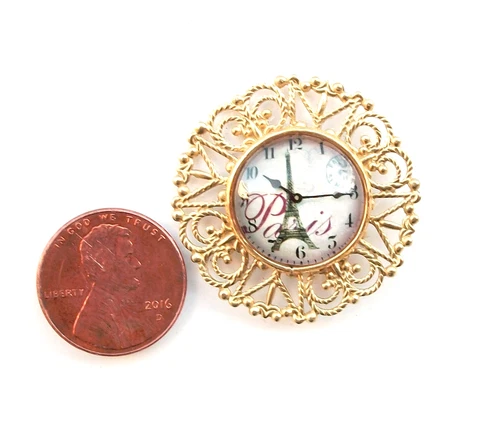 Dollhouse Miniature Gold Wall Clock Ornate 1:12 Scale OOAK Retro -Glass Dome New - Picture 1 of 2