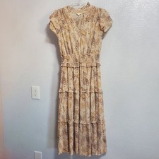 By The River Maxi Dress Women L Tan Paisley Ruffled Tiered Cottagecore Western