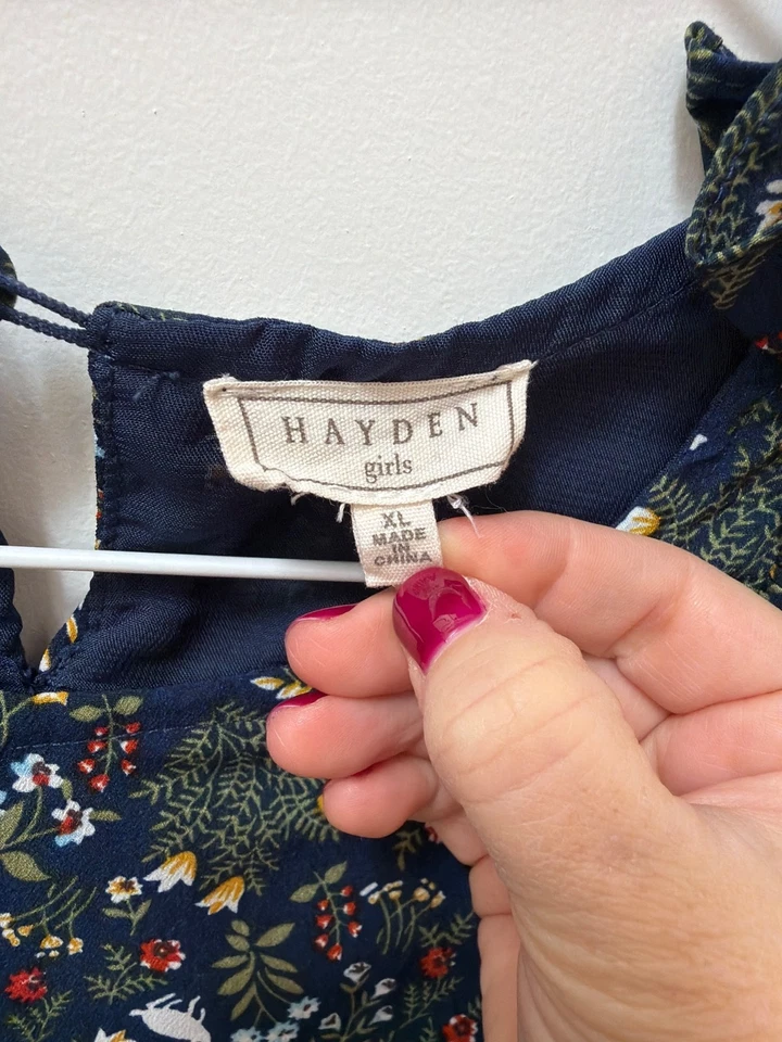 Hayden Girls Navy Floral Long-Sleeve Ruffle Dress Polyester XL - Image 4 of 4