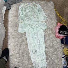 Vintage Vanity Fair Mint Nylon Satin Pajama Set Large Top  Pants Embroidered