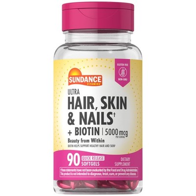 Hair Skin and Nails Vitamins with Biotin | 5000mcg | 90 Softgels | by Sundance