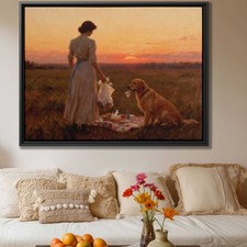 Oil Painting Dog Golden Retriever Canvas Print Rural Landscape Living Room Decor