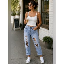 H M  Denim Boyfriend Low Waist Light Blue Ripped Jeans Size 4