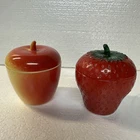 Vintage Hazel Atlas Milk Glass Fruit Jam Jelly Jar Set Strawberry & Apple w/ Lid
