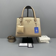 Prada Monochrome Champagne Saffiano Leather Top Handle Satchel Tote Bag Gold HW
